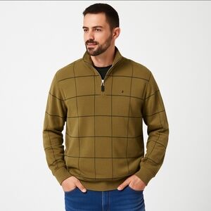 Nautica Khaki Windowpane Mens Quarter Zip Sweater Plus Sz XXL